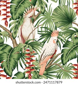 Tropical vintage palm leaves, pink cockatoo parrot, exotic flower seamless pattern white background. Exotic jungle floral wallpaper.