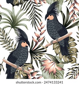 Tropical vintage palm leaves, pink flower, black parrot floral seamless pattern white background. Exotic jungle wallpaper.