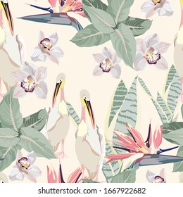 Tropical vintage palm leaves and plants, exotic flowers, pelican floral seamless pattern, light yellow background. Exotic jungle bird wallpaper, mint colors.