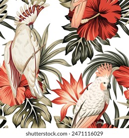 Tropical vintage palm leaves, red hibiscus flower, pink cockatoo parrot floral seamless pattern white background. Exotic jungle wallpaper.