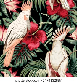 Hojas de palma vintage tropical, flor de hibisco rojo, loro de cacatúa rosa patrón floral sin fisuras fondo negro. Fondo de pantalla exótico de la selva.