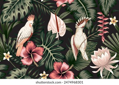 Tropical vintage palm leaves, red hibiscus flower, lotus, pink cockatoo parrot floral seamless pattern black background. Exotic jungle wallpaper.