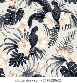 Hojas de palma vintage tropical, flor blanca, patrón floral de loro negro sin costuras. Fondo de pantalla exótico de la selva.