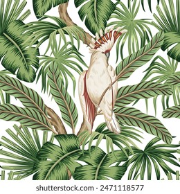 Tropical vintage palm leaves, white parrot floral seamless pattern white background. Exotic jungle wallpaper.