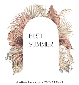 Tropical vintage palm leaves, white orchid flower arch composition. Summer floral print.	