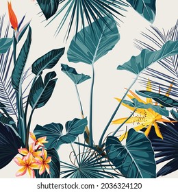 Tropical vintage  palm, monstera, plant, strelitzia orange flowers floral seamless border pink background. Exotic vintage jungle wallpaper.