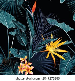 Tropical vintage  palm, monstera, plant, strelitzia orange flowers floral seamless border black background. Exotic vintage jungle wallpaper.