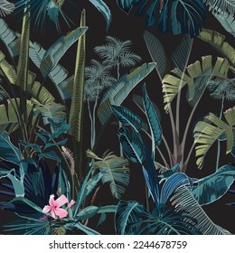 Tropical vintage  palm, monstera, plant, strelitzia flowers floral seamless border black background. Exotic vintage jungle wallpaper.