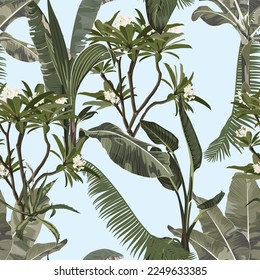 Tropical vintage  palm, monstera, plant, plumeria flowers floral seamless border, blue background. Exotic vintage jungle wallpaper.