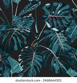 Tropical vintage  palm, plant, monstera floral seamless border, vintage background. Exotic  jungle wallpaper.