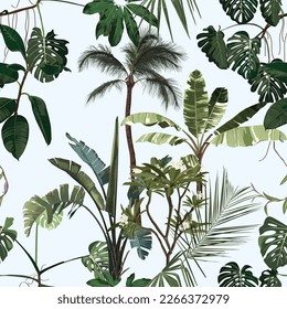 Tropical vintage  palm, plant, plumeria flowers floral seamless border, vintage blue background. Exotic  jungle wallpaper.