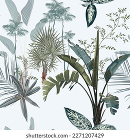 Tropical vintage  palm, plant, plumeria flowers floral seamless border, vintage blue background. Exotic  jungle wallpaper.