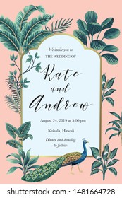 Tropical vintage palm tree, banana tree, exotic plant, peacock bird floral wedding invitation. Frame vector card.