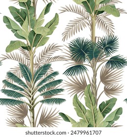 Tropical vintage palm tree, banana tree floral seamless pattern white background. Exotic jungle wallpaper.
