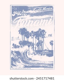 Tropical vintage palm tree with big waves, beach resort vibes, tsunami in Santa Monica beach, palm tree surf resort in America, vintage beach print. tee graphic design