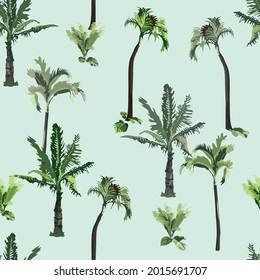 Tropical vintage palm trees, banana tree, leaves floral seamless pattern blue background. Exotic jungle wallpaper.