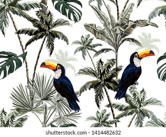 Tropical vintage palm trees and cheetah floral seamless pattern white background. Exotic jungle wallpaper with coconut palms, coral hibiscus, toucan. Isolated on white background. 