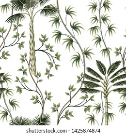 Tropical vintage palm trees, liana floral seamless pattern white background. Exotic jungle wallpaper. 