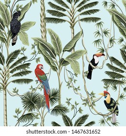 Tropical vintage palm trees, liana, macaw parrot, toucan bird floral seamless pattern  blue background. Exotic jungle wallpaper.