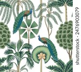 Tropical vintage palm trees, peacock bird floral seamless pattern white background. Exotic jungle wallpaper.	