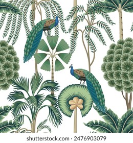 Tropical vintage palm trees, peacock bird floral seamless pattern white background. Exotic jungle wallpaper.	