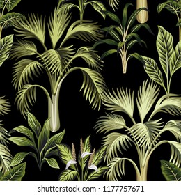 Tropical vintage palm trees and plants floral seamless pattern black background. Exotic jungle wallpaper.