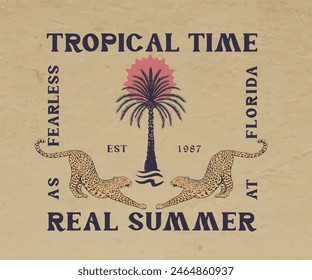 tropical vintage palm vector art, retro summer vintage artwork for, t shirt, sticker, graphic print, tiger with palm tree vector