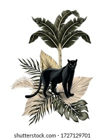 Tropical vintage panther animal, banana tree, palm leaves floral illustration. Exotic jungle summer print.