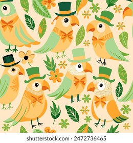 Tropical vintage parrot macaw wear top hat, light orange green hibiscus flower, palm leaves floral seamless cream color background. Exotic pastel jungle wallpaper.