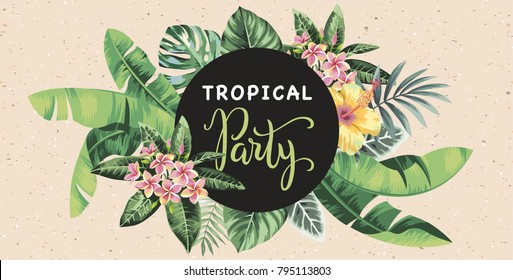 Tropical vintage party invitation with palm leaves and exotic flowers. Round frame. Vector illustration.
