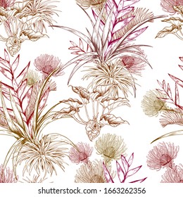 Tropical vintage pattern with exotic protea and heliconia flowers. Vector illustration on white background.
