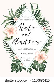 Tropical vintage peach hibiscus plumeria floral palm leaves wedding invitation. Geometric vector card.