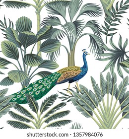 Tropical vintage peacock bird, palm tree and plant floral seamless pattern white background. Exotic jungle wallpaper.