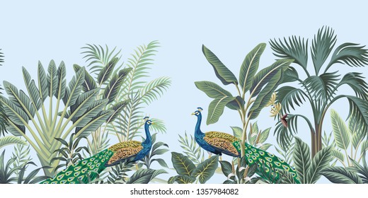 Tropical vintage peacock bird, palm tree and plant floral seamless border blue background. Exotic jungle wallpaper.