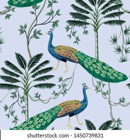 Tropical vintage peacock bird, palm tree and liana floral seamless pattern blue background. Exotic jungle wallpaper.