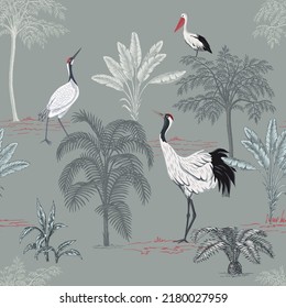 Tropical Vintage Pelican, Crane, Stork Bird, Palm , Banana Trees Floral Seamless Pattern Grey Background. Exotic Jungle Wallpaper.	