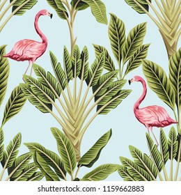 Tropical vintage pink flamingo and banana trees floral seamless pattern blue background. Exotic jungle wallpaper.