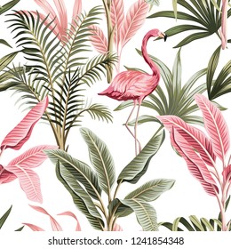 Flamingo rosado tropical, plátanos y plantas de fondo blanco sin fisuras. Papel tapiz de la selva exótica.