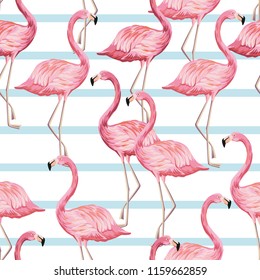 Tropical vintage pink flamingo floral seamless pattern blue stripes background. Exotic jungle wallpaper.