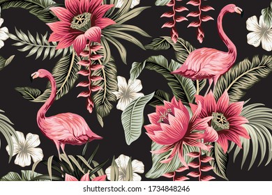 Tropical Vintage Pink Flamingo, Pink Lotus, White Hibiscus Flower, Palm Leaves Floral Seamless Pattern Black Background. Exotic Jungle Wallpaper.