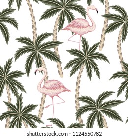 Tropical vintage pink flamingo and palm trees floral seamless pattern white background. Exotic jungle wallpaper.