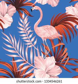 Tropical vintage pink flamingo, red palm leaves floral seamless pattern blue background. Exotic jungle wallpaper. 