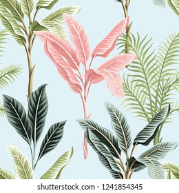 Tropical vintage pink and green banana trees, palm trees, plants floral seamless pattern blue background. Exotic jungle wallpaper.