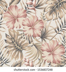 Tropical vintage pink hibiscus flower, palm leaves floral seamless pattern beige background. Exotic jungle wallpaper.