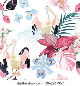 Tropical vintage pink palm leaves and blue flowers, pelican floral seamless pattern on white background. Exotic jungle bird wallpaper.