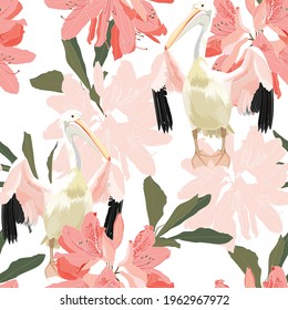 Tropical vintage pink Rhododendron flowers, pelican floral seamless pattern on white background. Exotic jungle bird wallpaper.