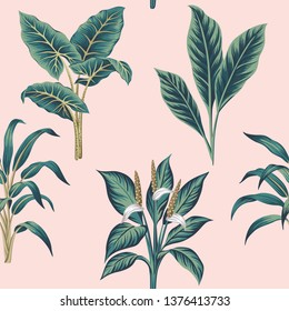 Tropical vintage plants floral botanical seamless pattern pink background. Exotic jungle wallpaper.