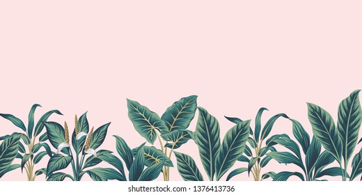 Tropical vintage plants floral botanical seamless border pink background. Exotic jungle wallpaper. 