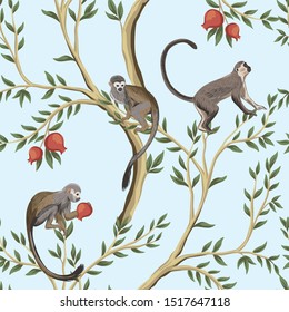 
Tropical vintage pomegranate fruit tree, monkey animals floral seamless pattern blue background. Exotic chinoiserie  wallpaper.