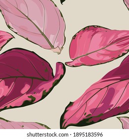 Tropical vintage red Aglaonema modestum Schott palm leaves floral seamless pattern on light yellow background. Exotic jungle wallpaper.